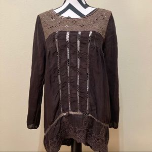 Johnny Was Brown Embroidered Crochet Boho Top